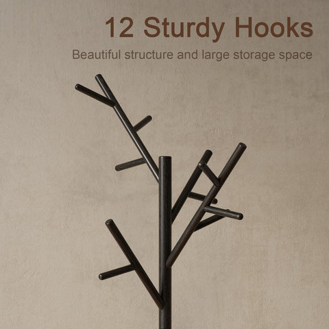 AQIMUELE Coat Stand, Wooden Coat Rack, Freestanding Stand with 12 Hooks, 3 Heights for Clothes, Hats, Bags, Coat Stands for Hallway, Small Space