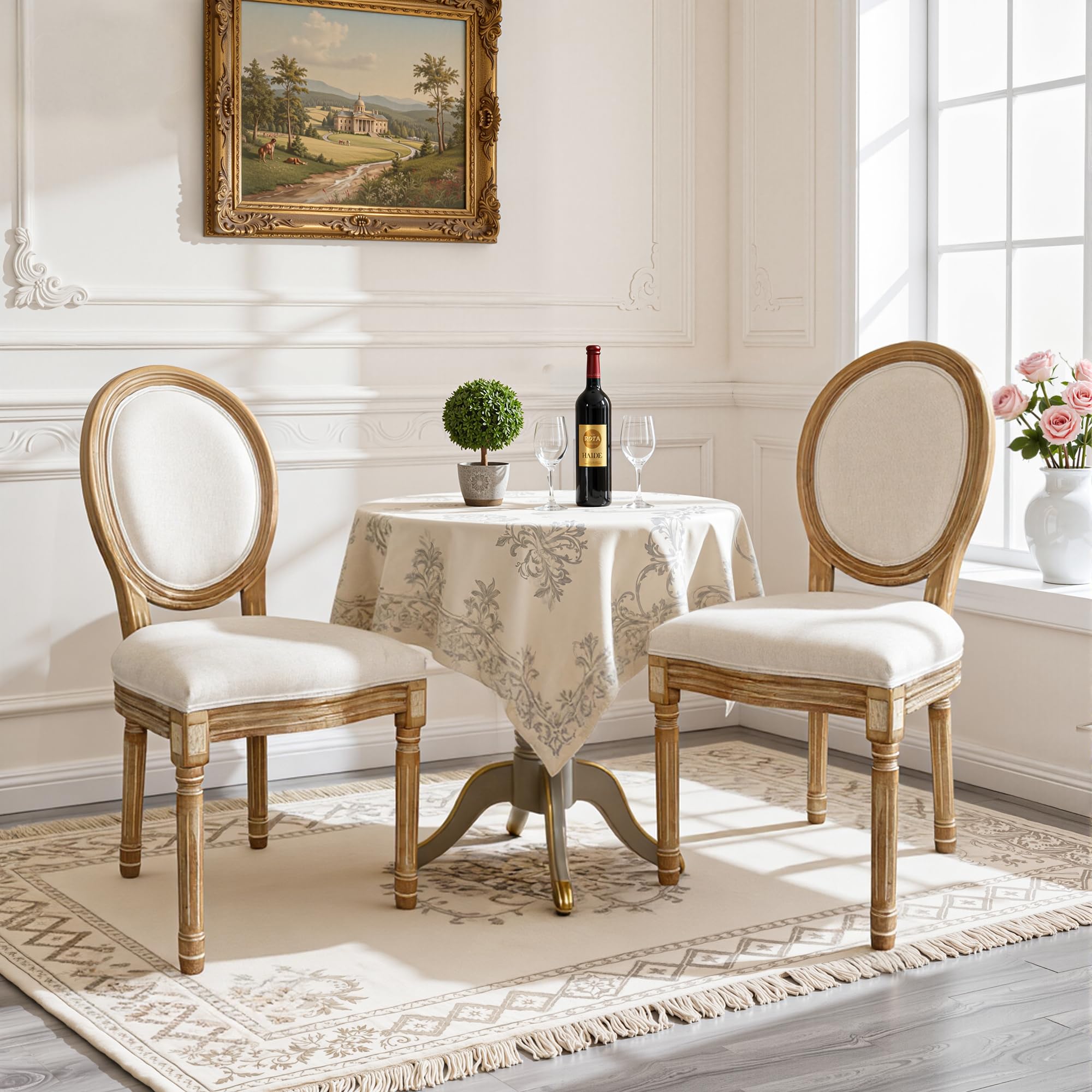 BonVache Cream Dining Chairs Set of 2, Upholstered Linen Vanity Chair with Oval Birch Backrest