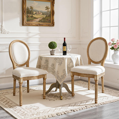 BonVache Cream Dining Chairs Set of 2, Upholstered Linen Vanity Chair with Oval Birch Backrest
