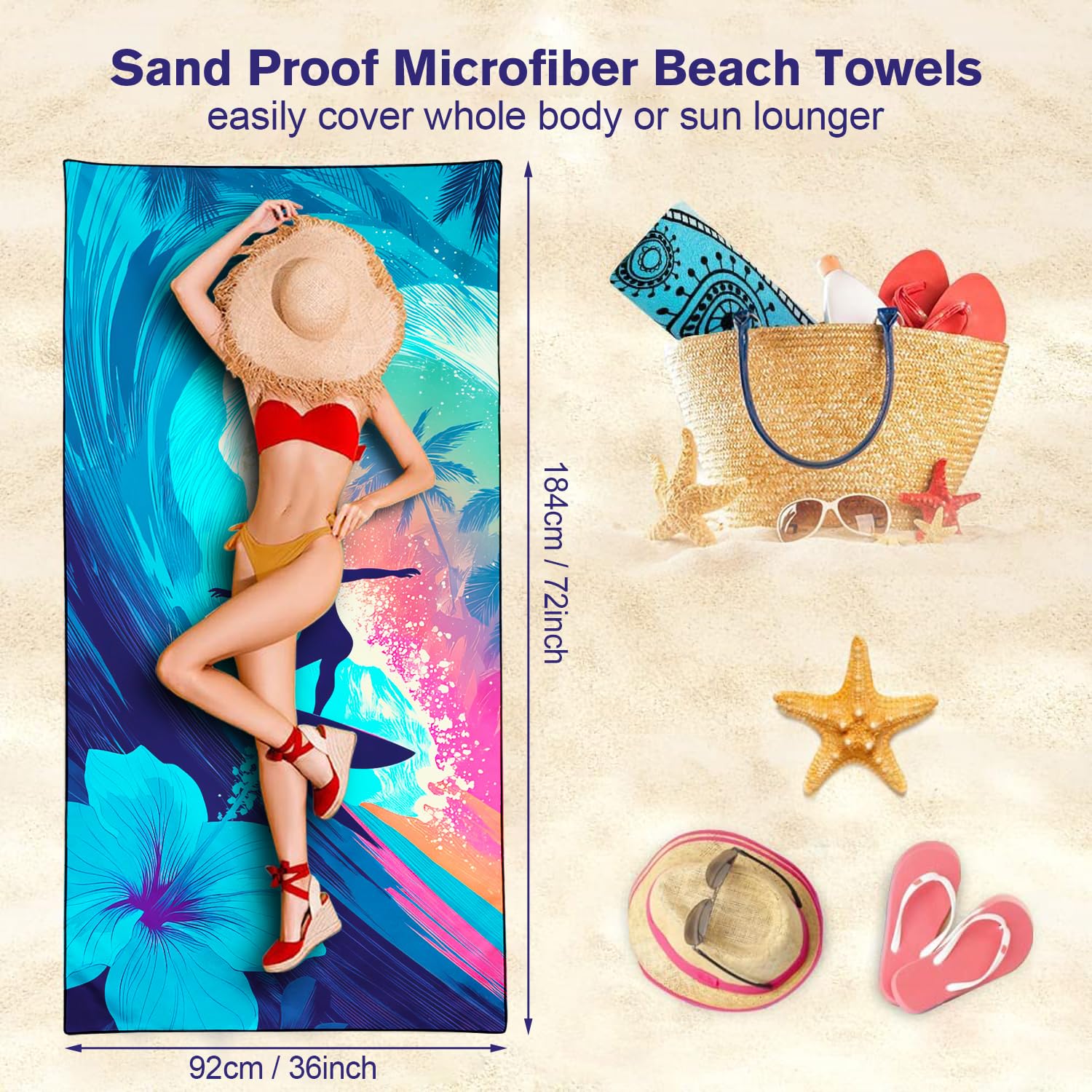 Violetpos Neon Surfer Beach Towel, Extra Large 180x90 cm 250GSM Microfibre, Sand Free Quick Dry
