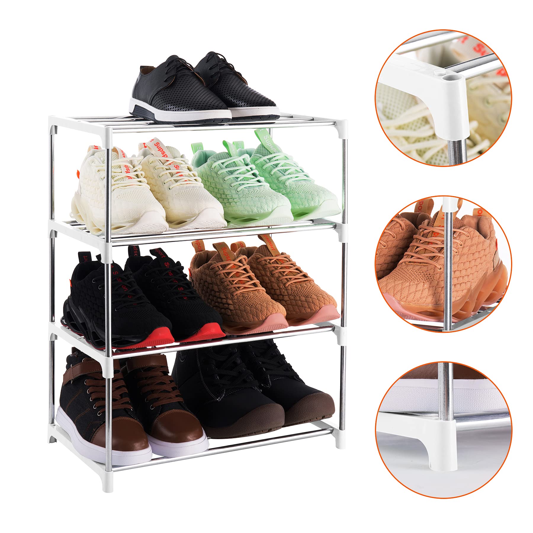 Xerhnan 4-Tier Stackable Small Shoe Rack, Lightweight Shoe Shelf Storage Organizer for Entryway, Hallway and Closet(White)