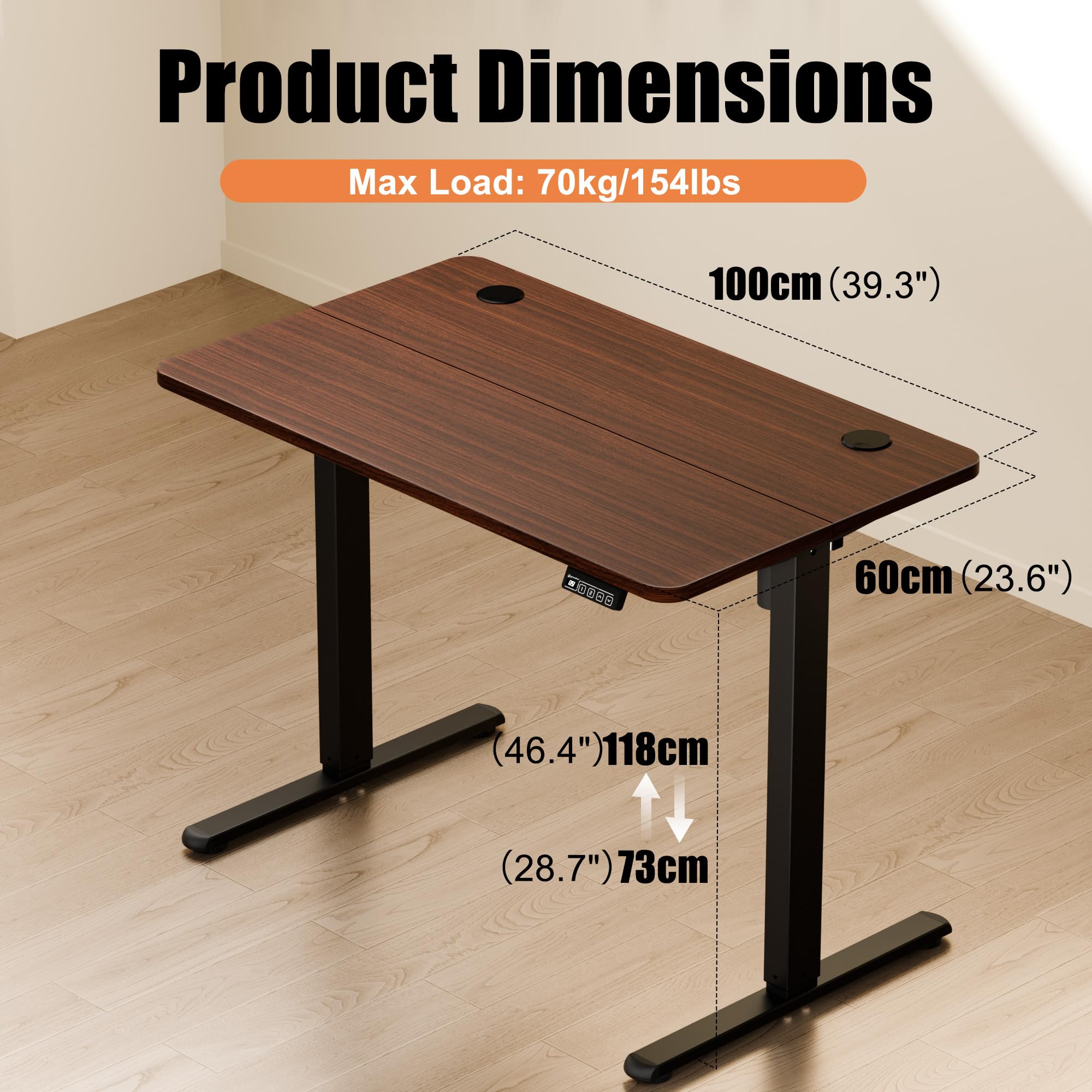 ERGOMAKER Electric Standing Desk 100x60cm, 2 Memory Presets, Black Walnut
