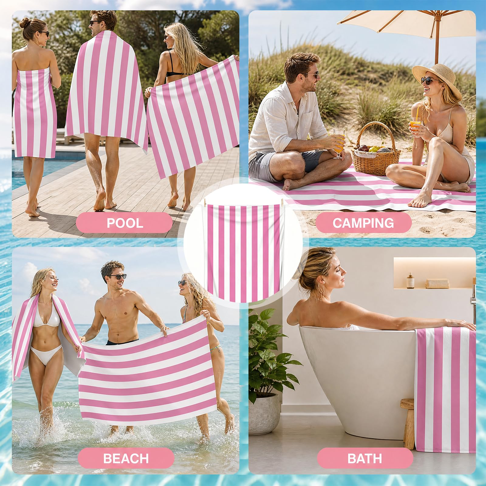 FunnAura Microfibre Beach Towel – 180x90cm Large Quick Dry & Sand Free Towel for Adults, Lightweight Compact Travel Beach Towel (Pink, 1PCS)