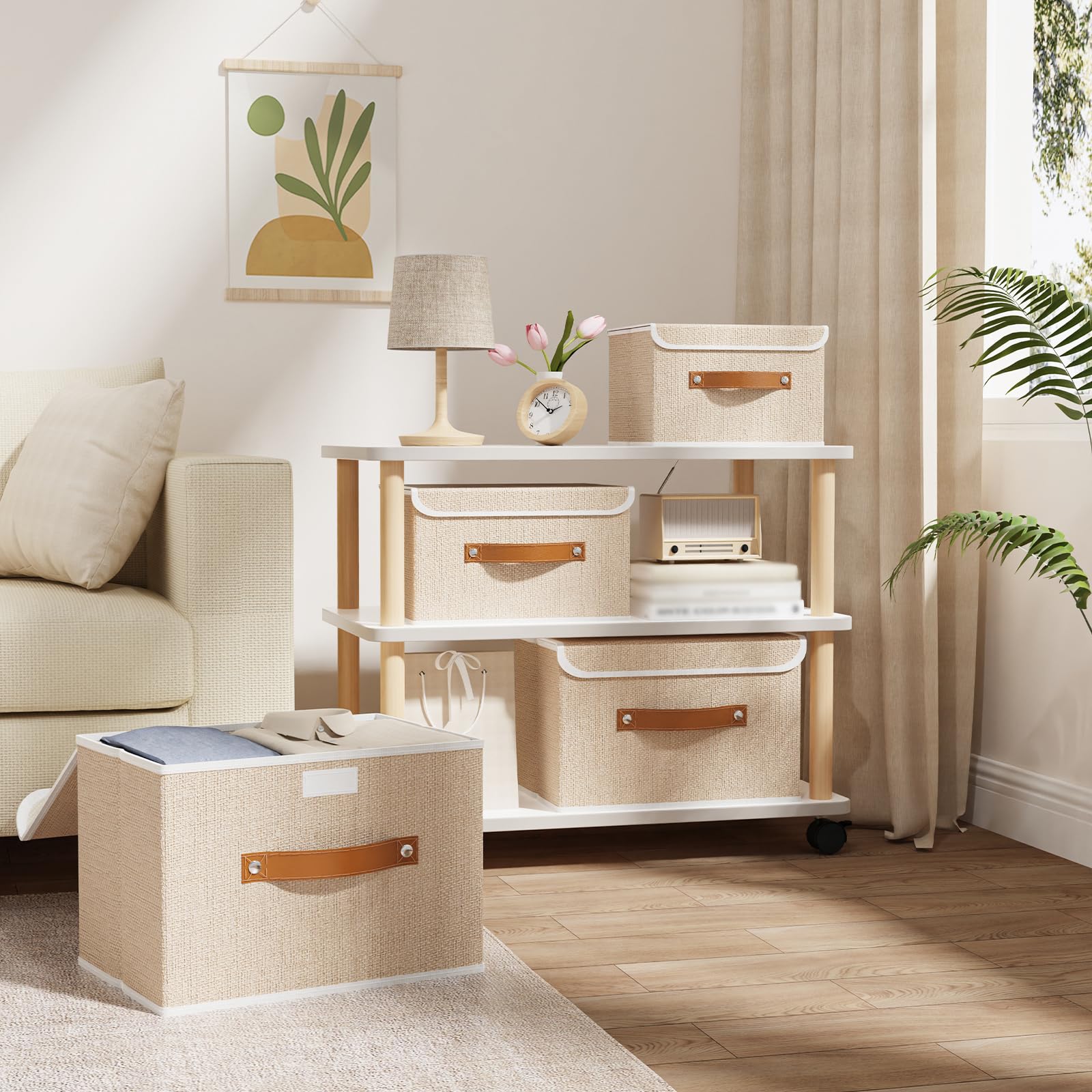 OUTBROS Storage Boxes with Lids 5 Pack, Bins 26x20x17 cm, Beige