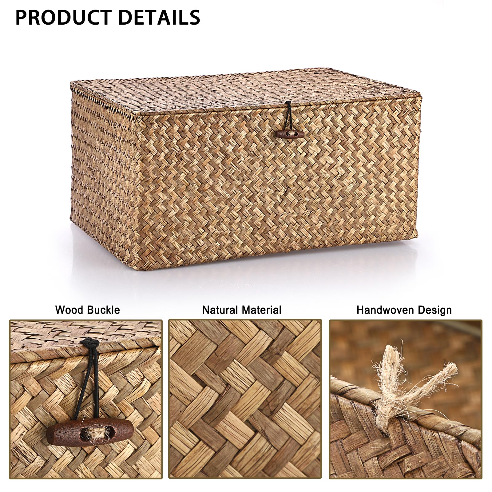 IGNPION Seagrass Storage Basket with Lid, Wicker Woven Shelf Basket, Coffee