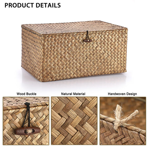 IGNPION Seagrass Storage Basket with Lid, Wicker Woven Shelf Basket, Coffee