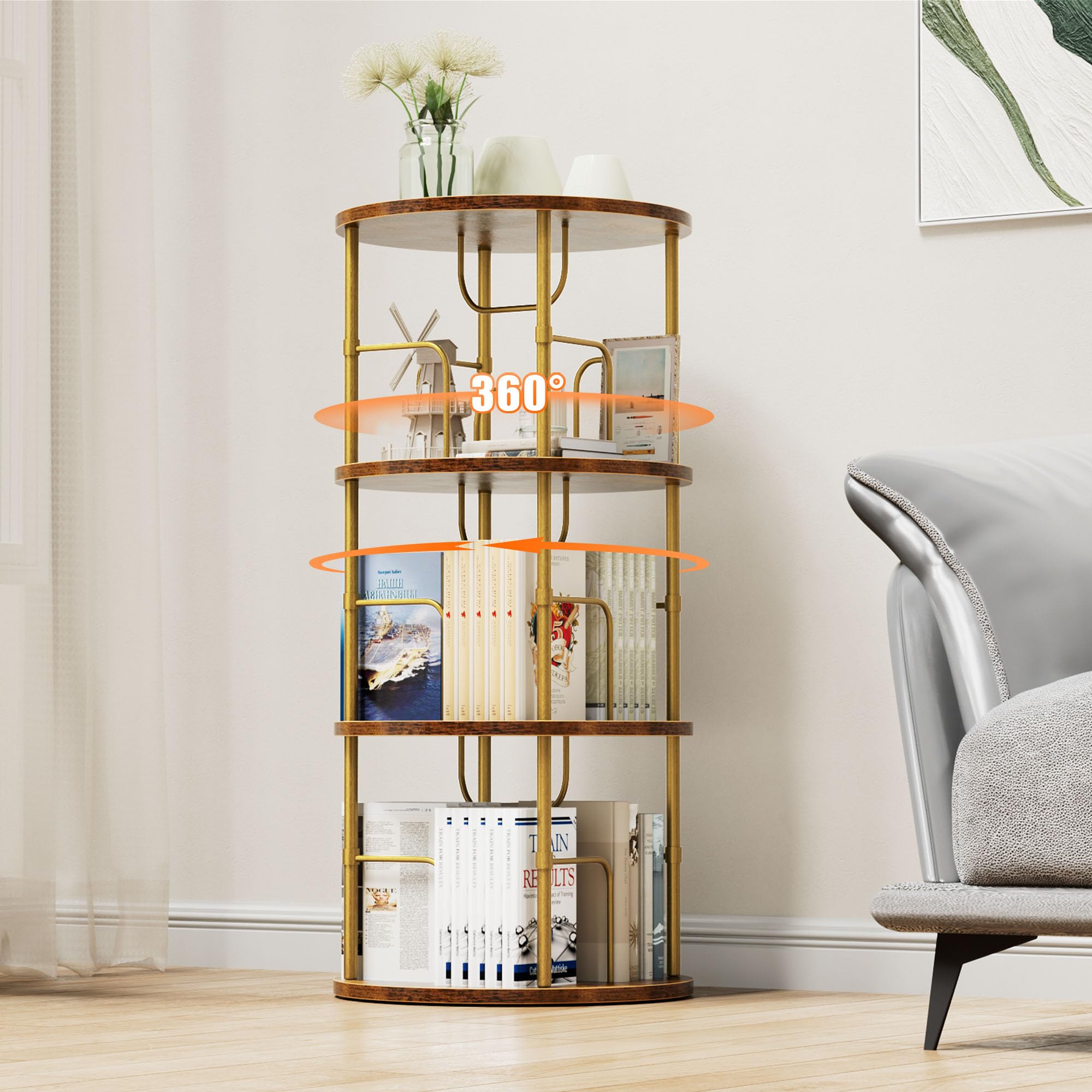 OCTORO 3 Tier Rotating Bookshelf, 360° Corner Bookshelf Tower, Round Revolving Bookcase with Adjustable Levels, Spinning Book Shelf for Home Office
