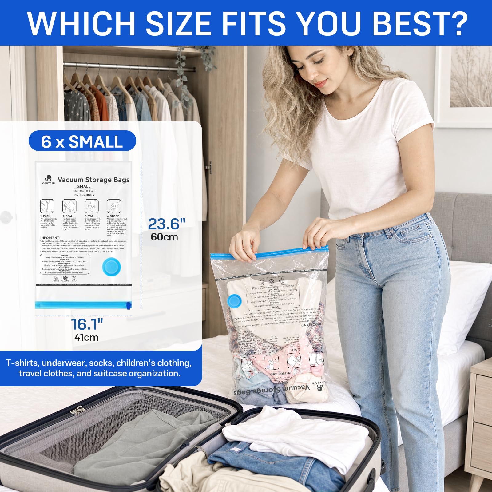CaptainFive Small Vacuum Storage Bags 6 Packs(23.6'' x 16.1''), Small Vacuum Pack Bags for Clothes, Pillows, Comforters, duvets
