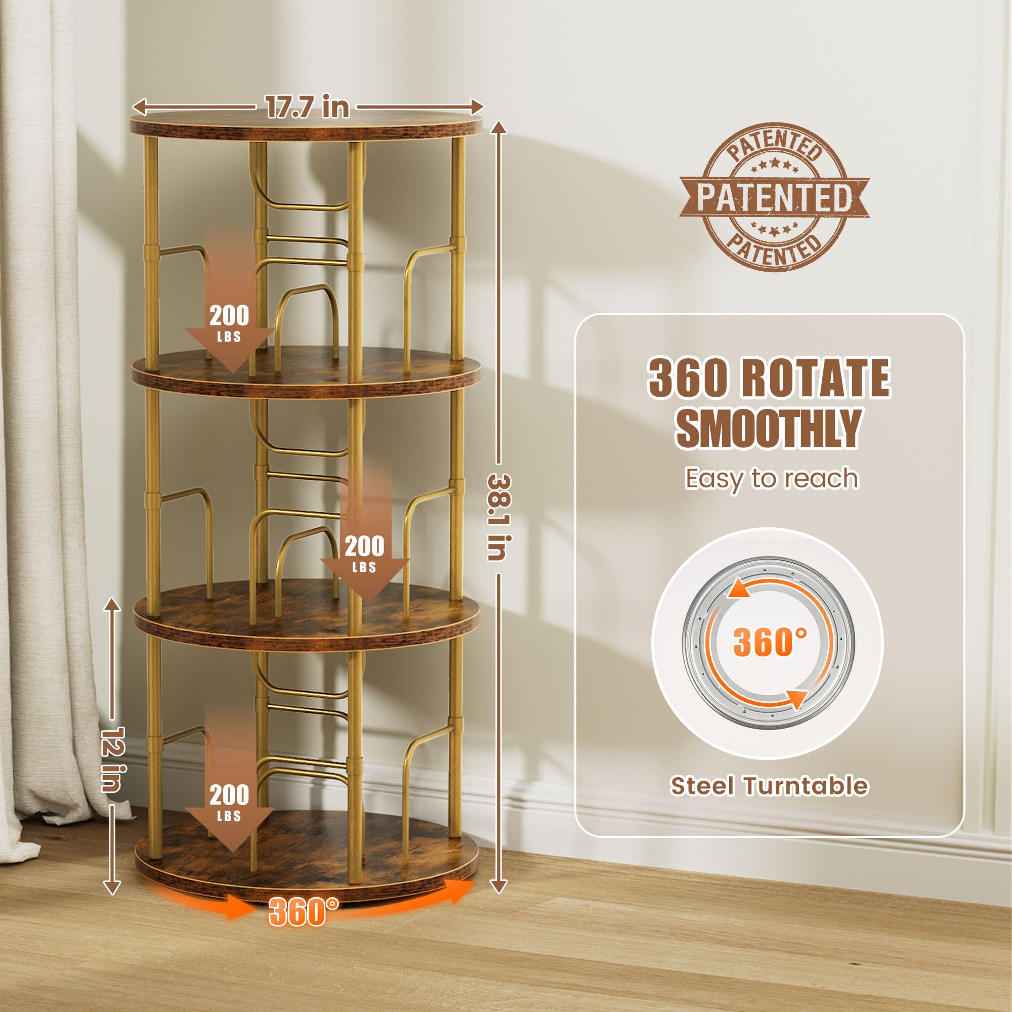 OCTORO 3 Tier Rotating Bookshelf, 360° Corner Bookshelf Tower, Round Revolving Bookcase with Adjustable Levels, Spinning Book Shelf for Home Office