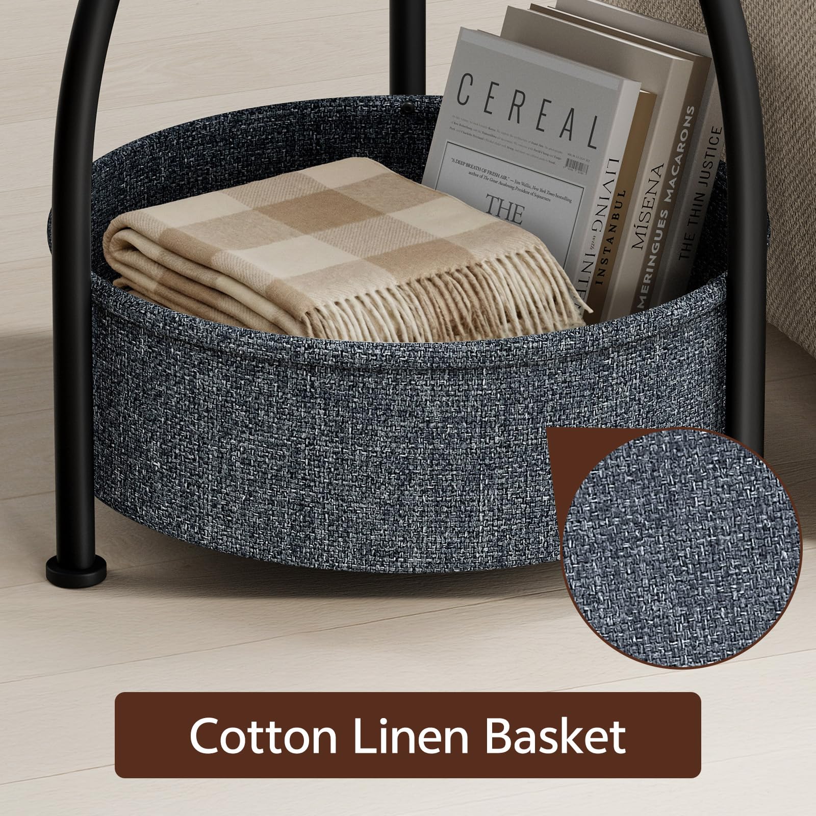 Yuede Side Table with Fabric Basket, Round End Table, 3 Tier Bedside Table, Coffee Table for Living Room, Bed Room, Modern, 40 x 61 cm, Black
