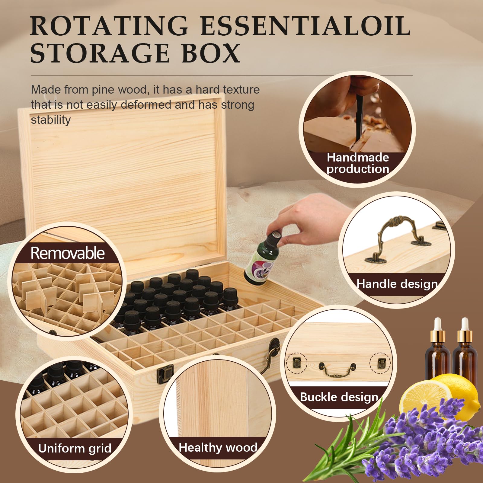 JasCherry Wooden Essential Oil Storage Box Home Fragrance Carrier Case with Lid, Essential Oils Display Organizer Holds 80 Bottles