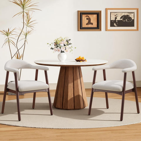 MALOL Wooden Dining Chairs Set of 2, Fabric Chairs for Dining Room with Armrest, Upholstered Kitchen Chairs with Curved Back and Wood Legs for Dining