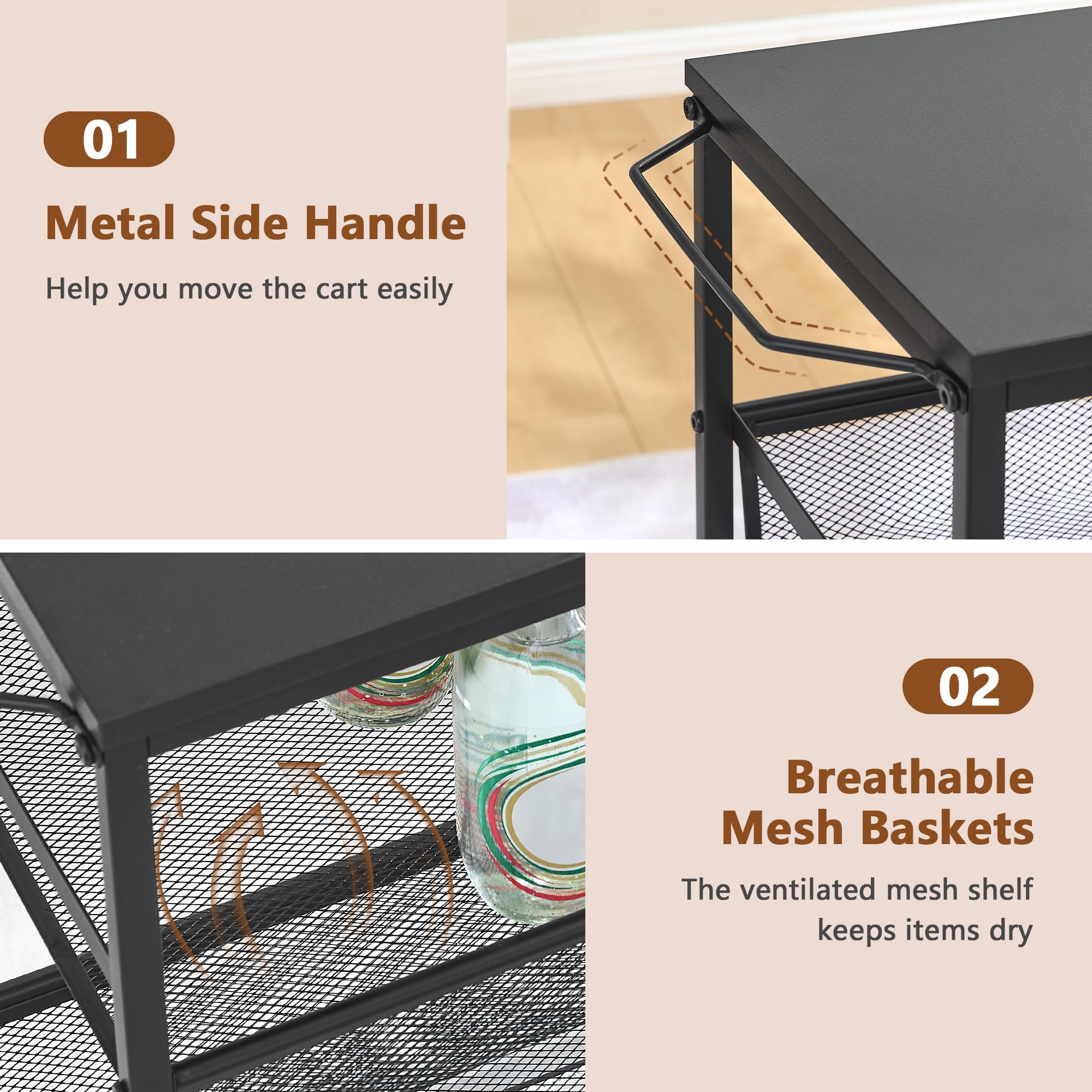 Hoctieon Rolling Storage Cart, 4-Tier Wide Panel Rolling Kitchen Storage Cart, Utility Cart with Handle & Wheels, Mobile Shelving Unit
