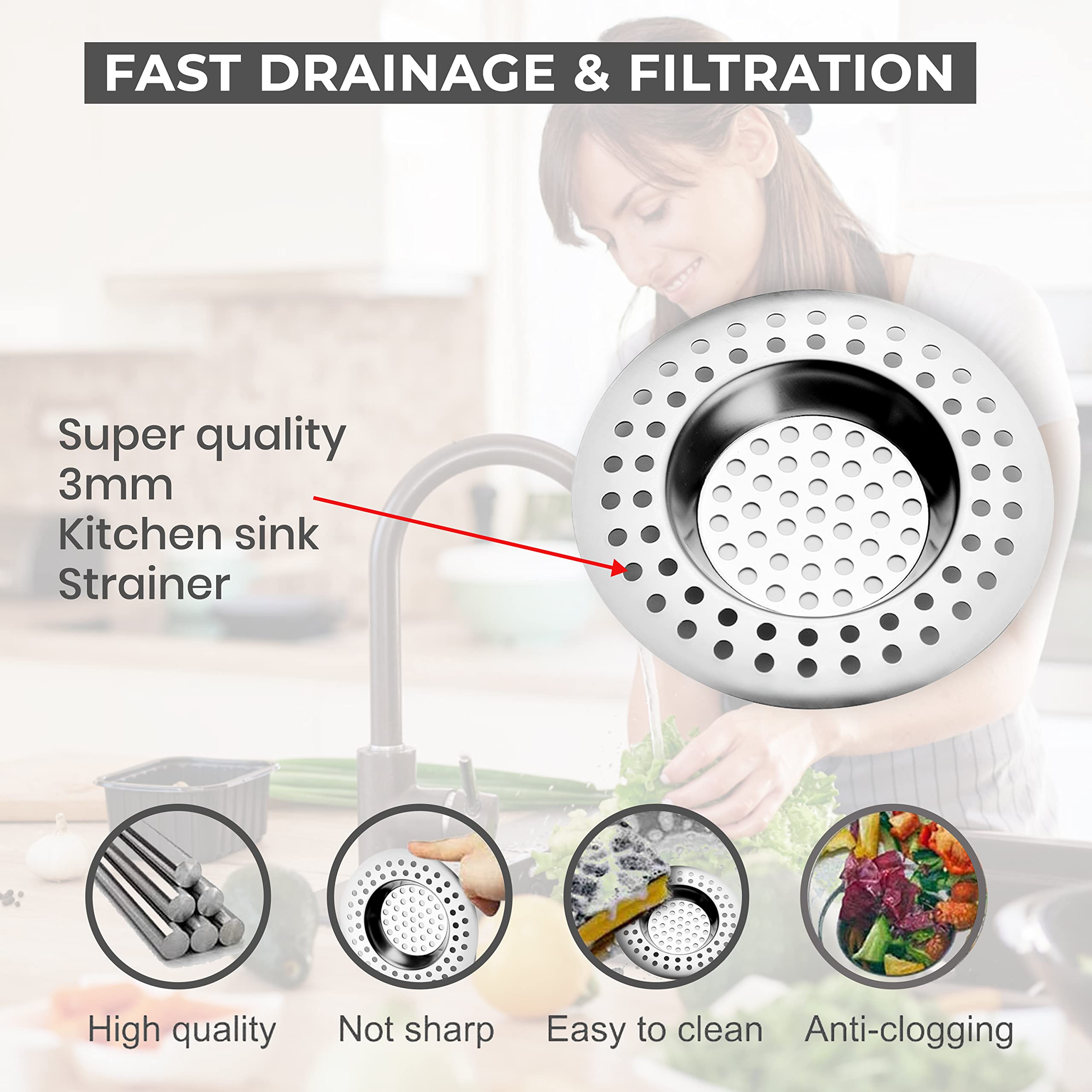 2pk Bath Plug Hair Catcher – Plug Hole Hair Catcher, Shower Plug Hair Trap | Stainless Steel Flat Sink Strainer for Bath and Kitchen – 7.7cm | 90 Hole