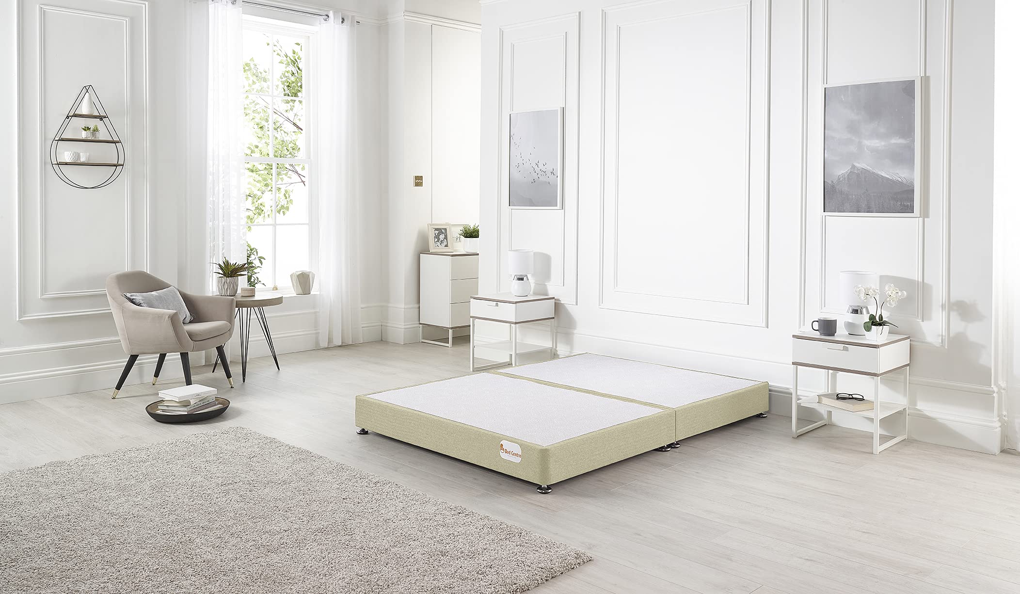 Bed Centre Platform Divan Bed Covered in Luxury Plush, Linen and Tweed Fabric (Pebble Tweed, Single 90 x 190cm)
