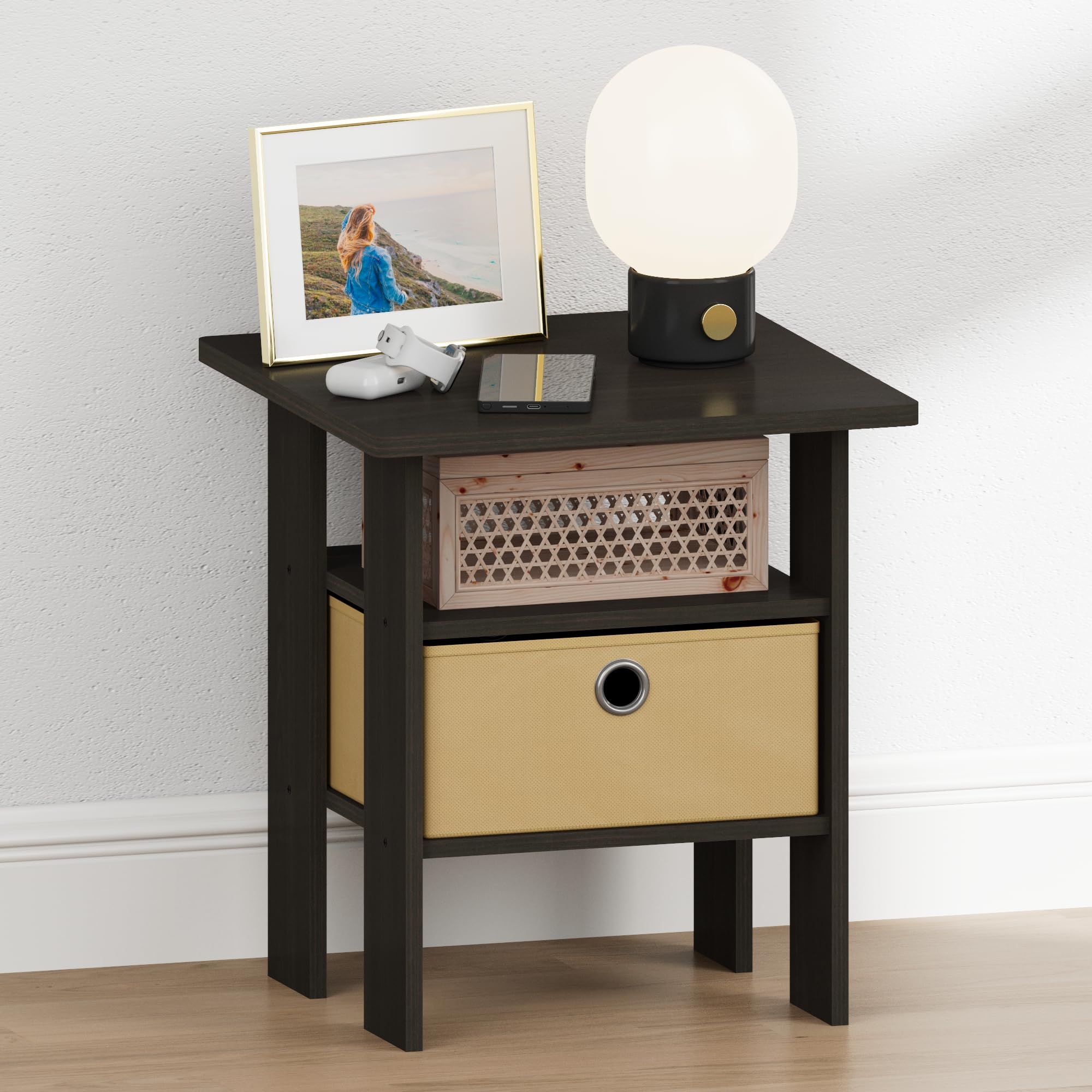 Furinno TIDUR Night Stand, Open Shelf Design Nightstand with Storage Bin, Bedside Table, End Table, Side Table, for Bedroom, Living Room, Espresso