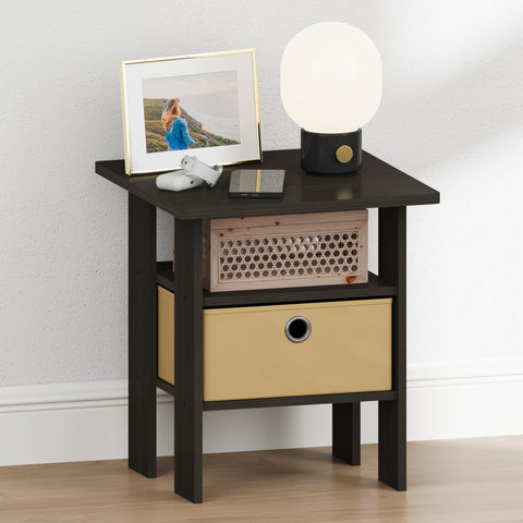 Furinno TIDUR Night Stand, Open Shelf Design Nightstand with Storage Bin, Bedside Table, End Table, Side Table, for Bedroom, Living Room, Espresso