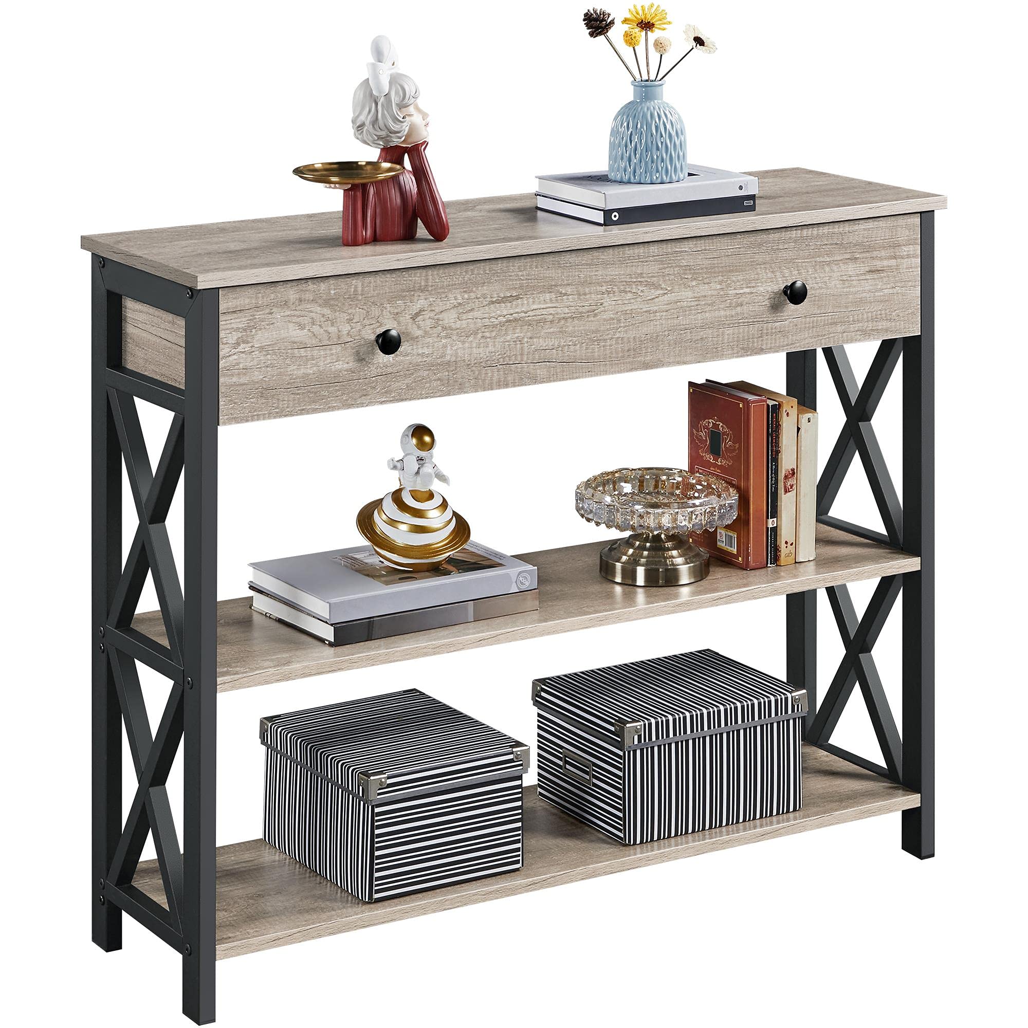 Yaheetech Console Table, Drawer & Shelves, 100 × 29.5 × 81 cm, Grey