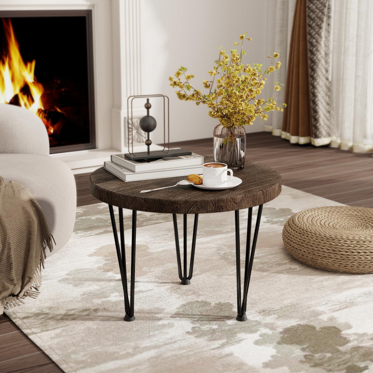 Fun Memories Round Coffee Table - Elm Wood Nesting Table with Metal Legs & Non Slip Feet Base - Rustic Nesting End Tables for Living Room Bedroom