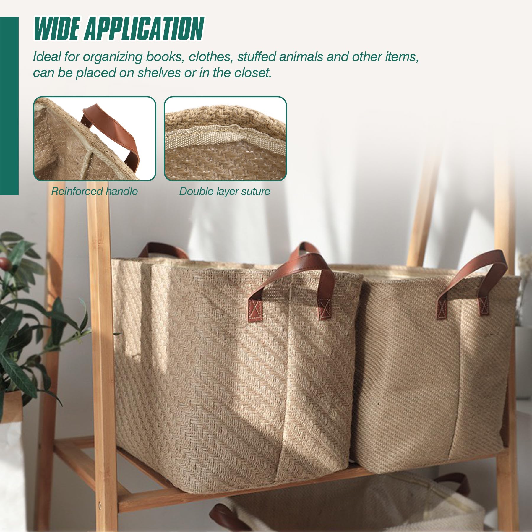 Spesh Jute Storage Basket with Handles, 38 * 27 * 28cm Collapsible Natural Woven Organiser Box Square Jute Storage Bin for Shelves Bathroom