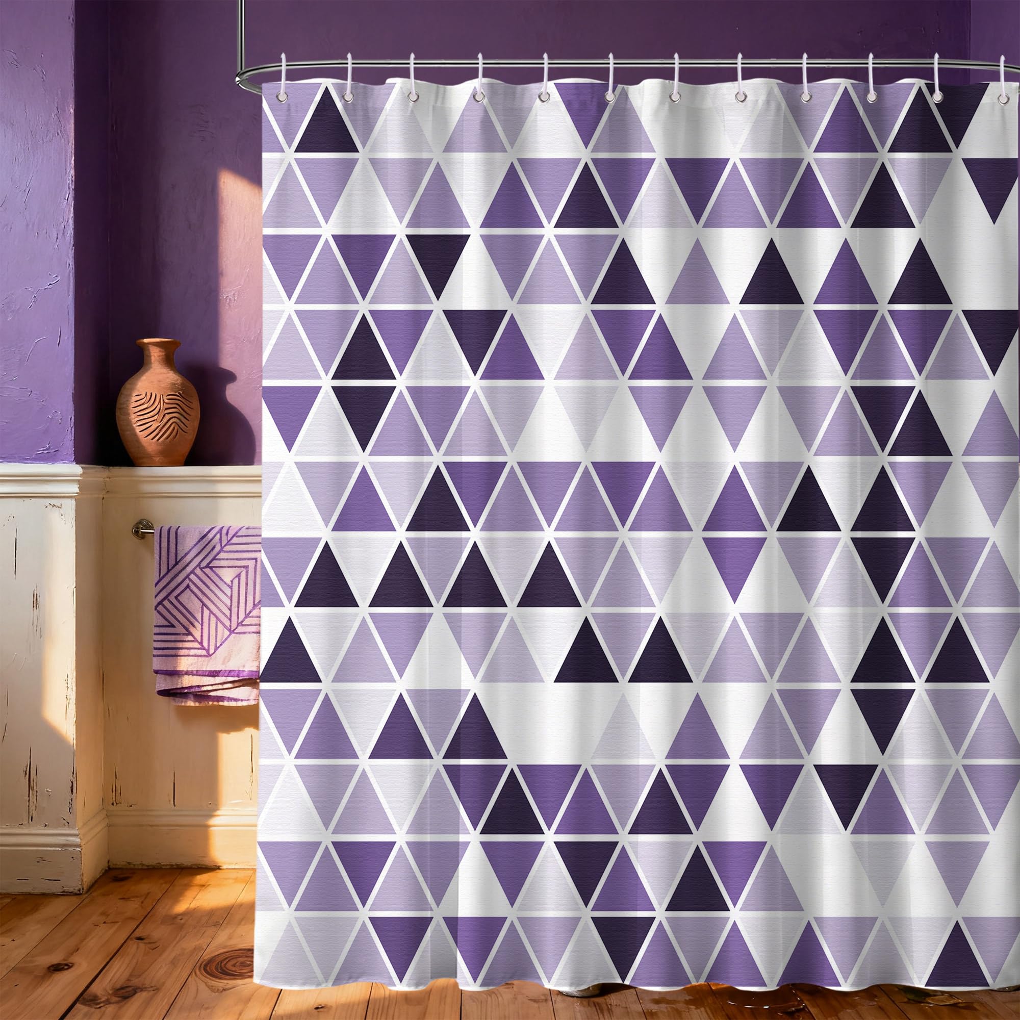 LanZanthic Purple and White Lavender Shower Curtains for Bathroom Mosaic Geometric Modern Abstract Wet Room Shower Curtain with hooks