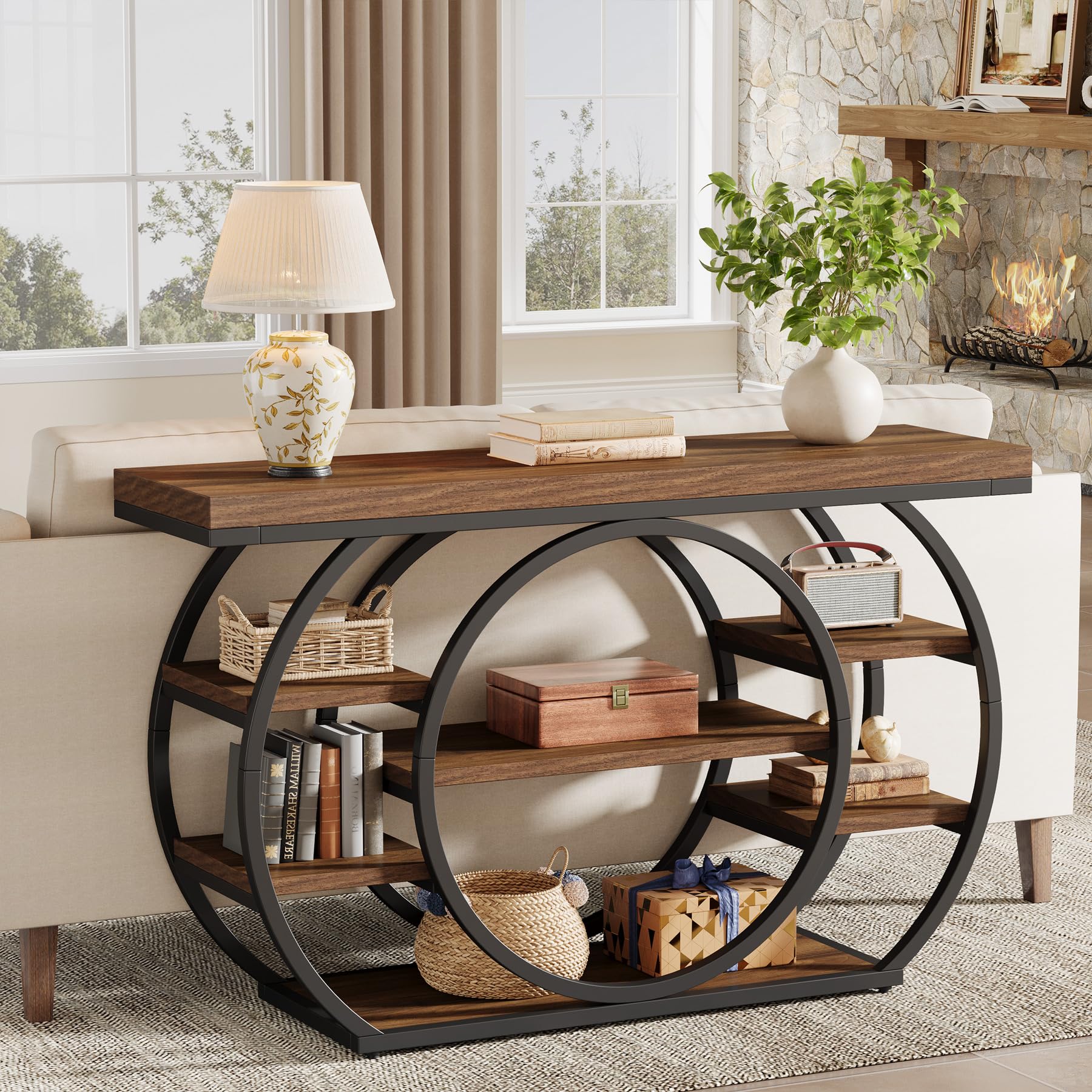 Tribesigns Circle Base Console Table | Narrow Entryway Table 120x30x80cm | 4-Tier Storage Shelf | Industrial Farmhouse Hallway Sofa Table,Rustic