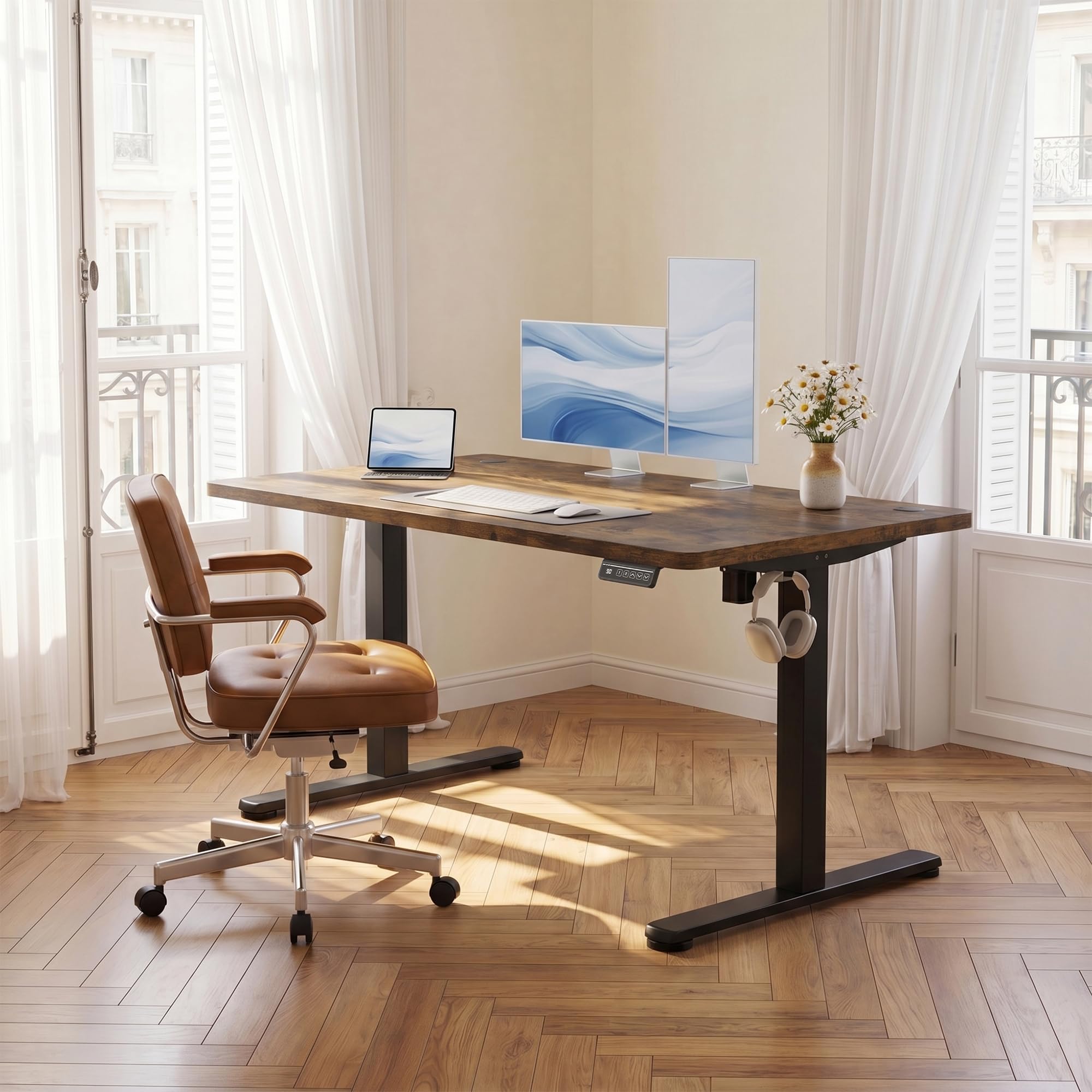 JUMMICO Electric Standing Desk Height Adjustable 120x60cm Sit Stand Table with Backpack Hook and Memory Smart Panel, Home Office,Rustic Brown