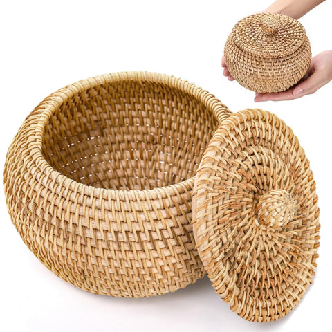 WRINGKIT Small Rattan Basket Box with Lid, Handmade Woven