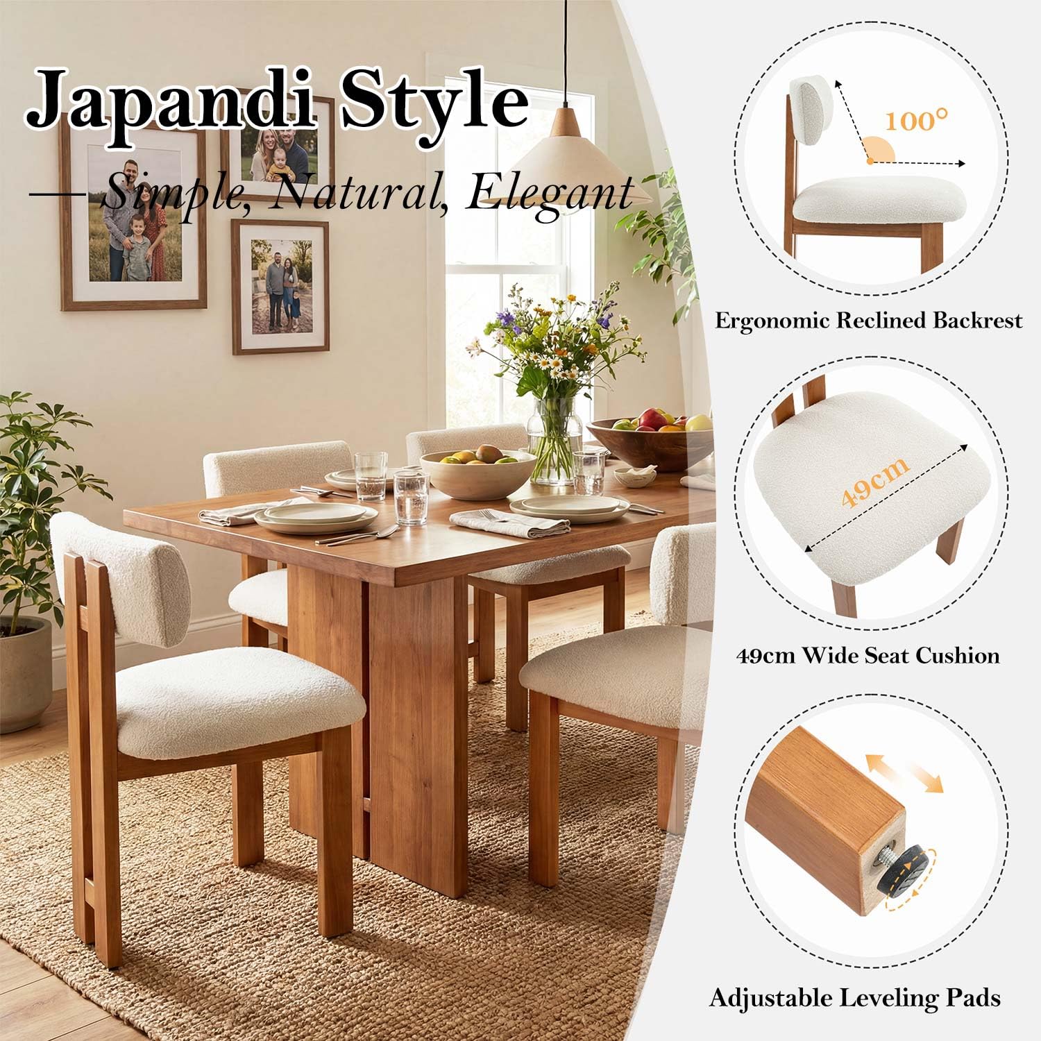 younturn Retro Mid Century Dining Chairs Set of 2, Boucle Upholstered Seats with Backrest and Solid Wooden Legs, Kitchen Chairs for Dining Room