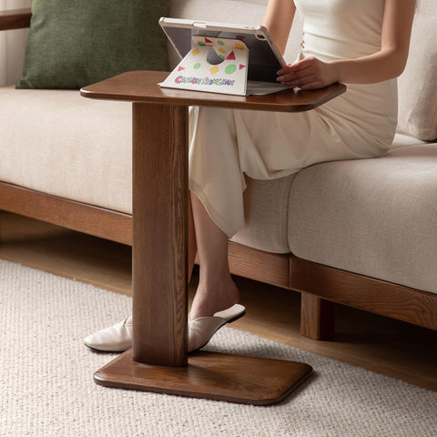 Solid Wood C Table, Oak Side Table with Walnut Finish Living Room End Table
