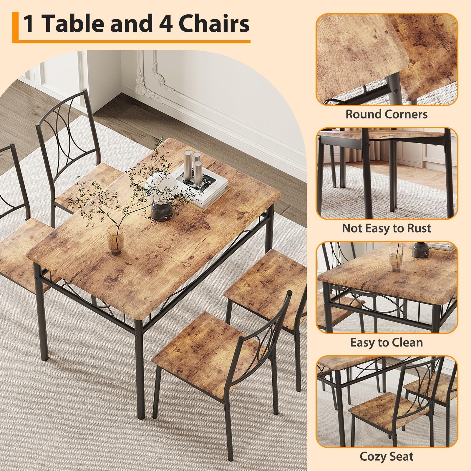Dining Table and 4 Chairs Set, 5-Piece Kitchen Table Set with Heavy Duty Metal Frame, Space Saving Furniture for Small Dining Room, Apartment