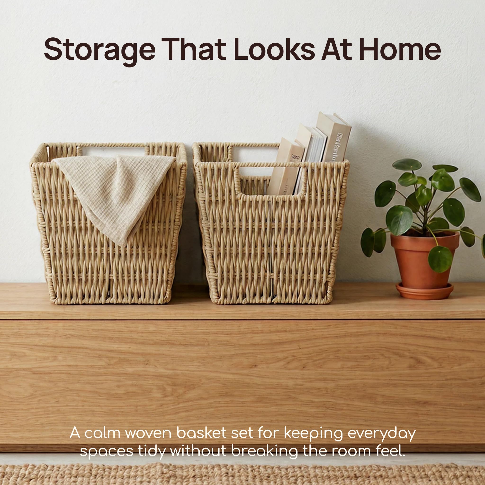 Viviendo Woven Storage Baskets Set of 2, Beige Rope Bins for Shelves
