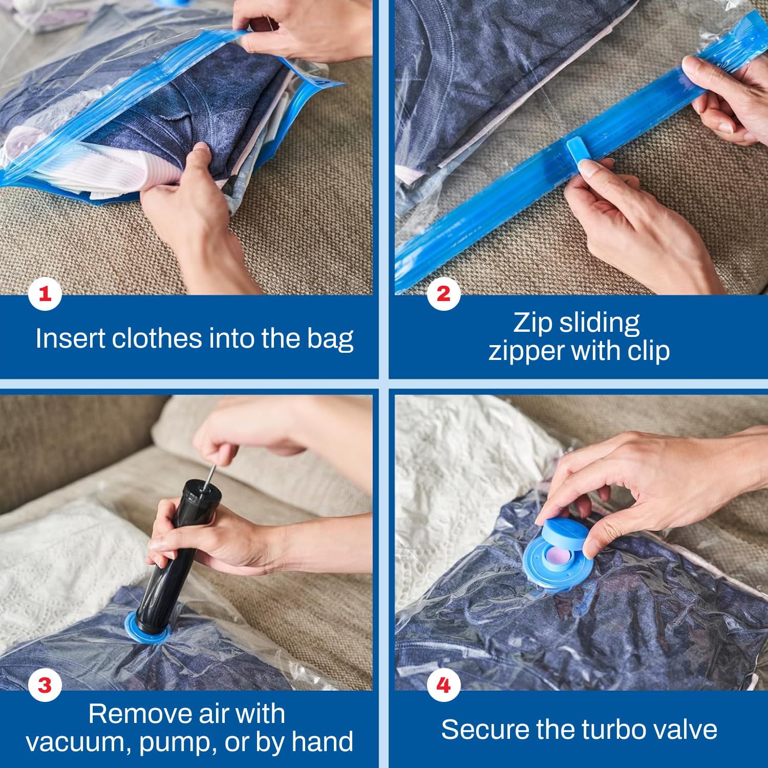 SpaceSaver Vacuum Storage Bags - Large 10-Pack Clothes Storage Bag Set with Pump - Reusable Vacuum Sealer Bag for Comforters, Bedding, Clothing