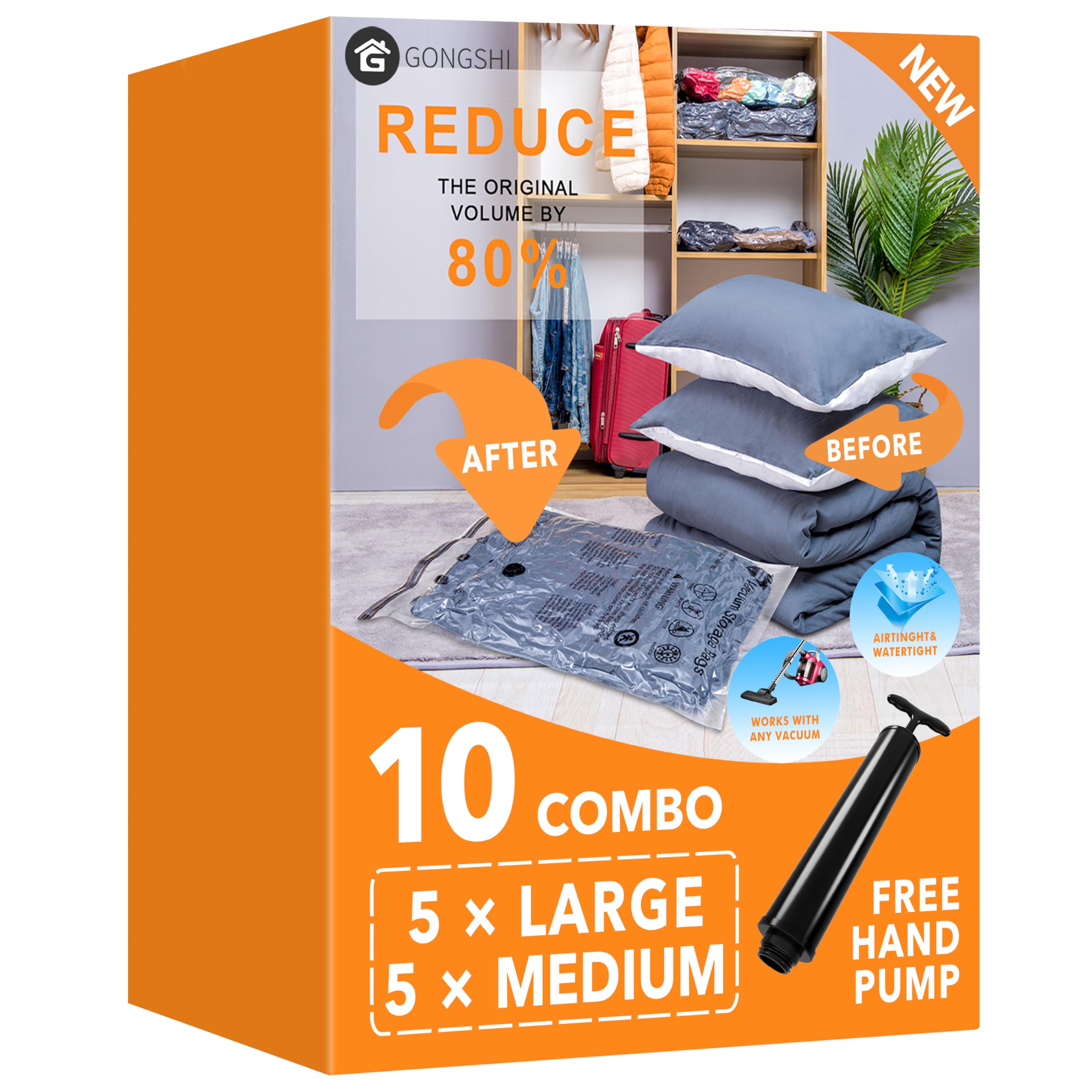 10 Pack Vacuum Storage Bags (5 x Large, 5 x Medium), Space Saver Sealer Compression Bags with Travel Hand Pump for Blankets, Comforters, Pillows