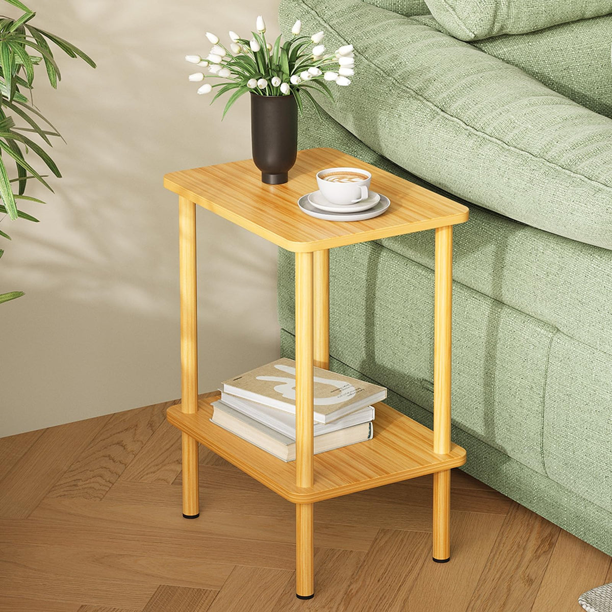APICIZON 2 Tier Side Table, Narrow End Table with Storage Shelf, Bedside Table Nightstand for Small Spaces, Bedroom, Living Room, Entryway, Farmhouse