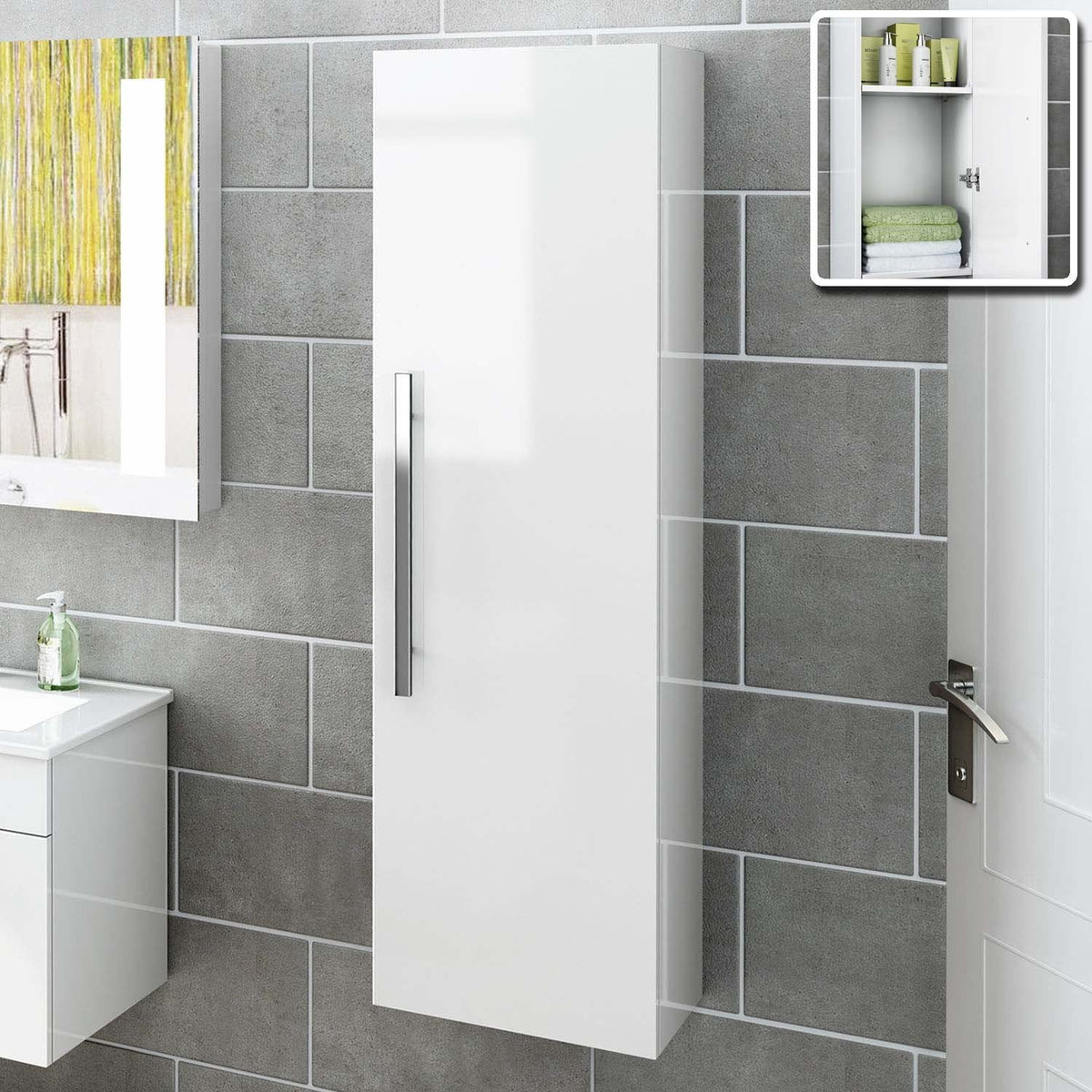 iBathUK Avon Wall Mounted Tall Bathroom Storage Cabinet, Slim MDF Cupboard Unit with Soft Close Door and Fixed Shelves