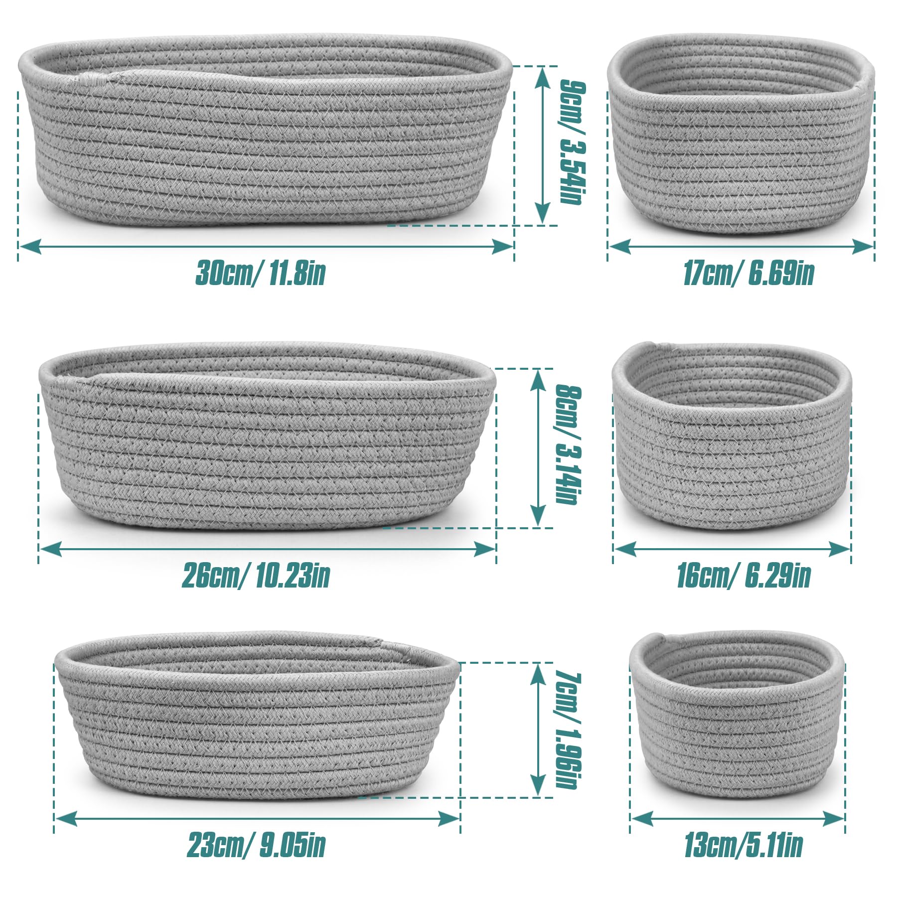 Spesh Cotton Rope Storage Baskets, Set of 3 Woven Shelf Baskets Oval Cotton Storage Boxes Empty Hampers Organiser Bins(Grey)