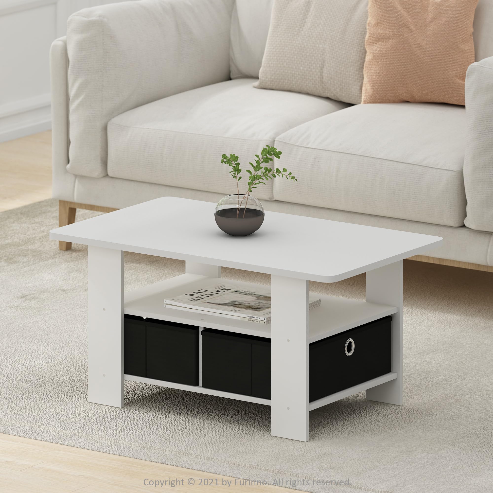 Furinno ANDREY Coffee Table, Small Modern Coffee Table with Storage and Bin Drawer, Side Table for Living Room, Bedroom, Home Office, White