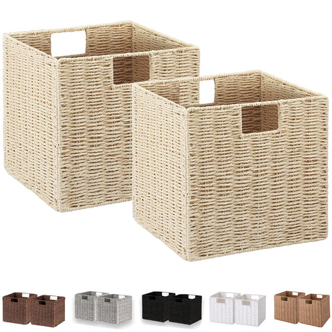 Vagusicc Wicker Storage Baskets, Set of 2 Hand-Woven Paper Rope Foldable Cube Bins Organizer, 11 Inch Square for Shelves Pantry Organizing Decor