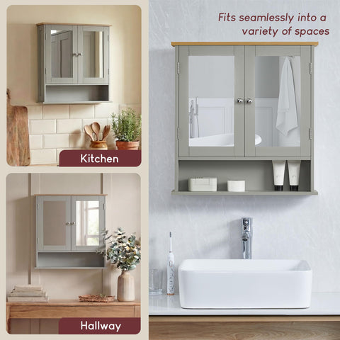 Bath Vida Priano 2 Door Mirrored Wall Cabinet with Shelf | Grey & Oak | 58 H x 56 W x 13 D cm | Easy Assembly | Space-Saving | Round Handles