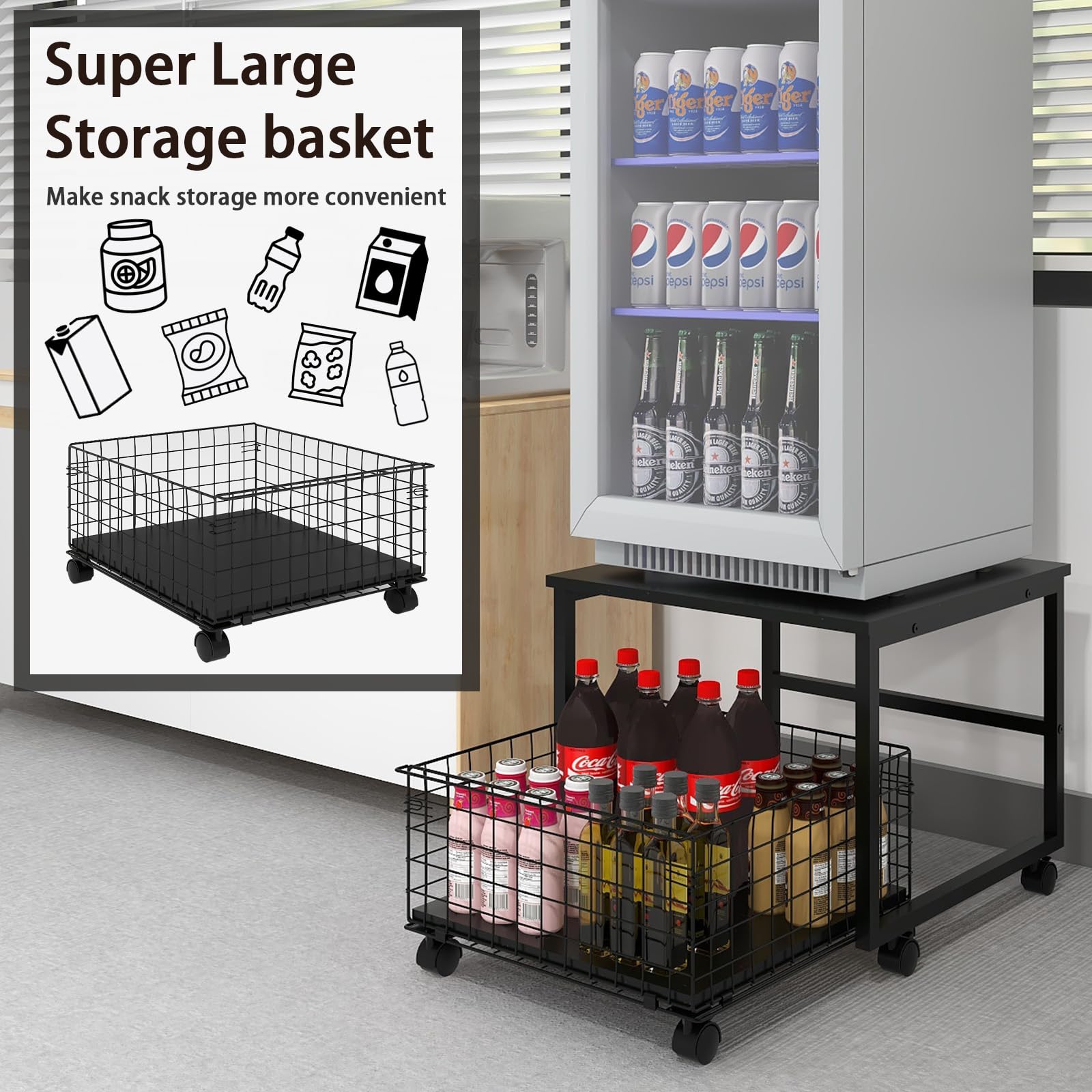PUNCIA Mobile Mini Fridge Stand with Large Capacity Storage Portable Refrigerator Table with 4 Lockable Wheels Appliance Platform Table with Drawer
