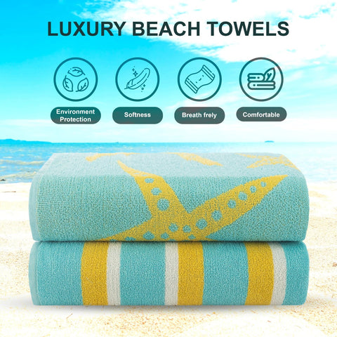 CASA COPENHAGEN Miami bath towels, set of 2, made of cotton, quick-drying and durable, 88 x 177 cm - Starfish Teal + Yellow striped