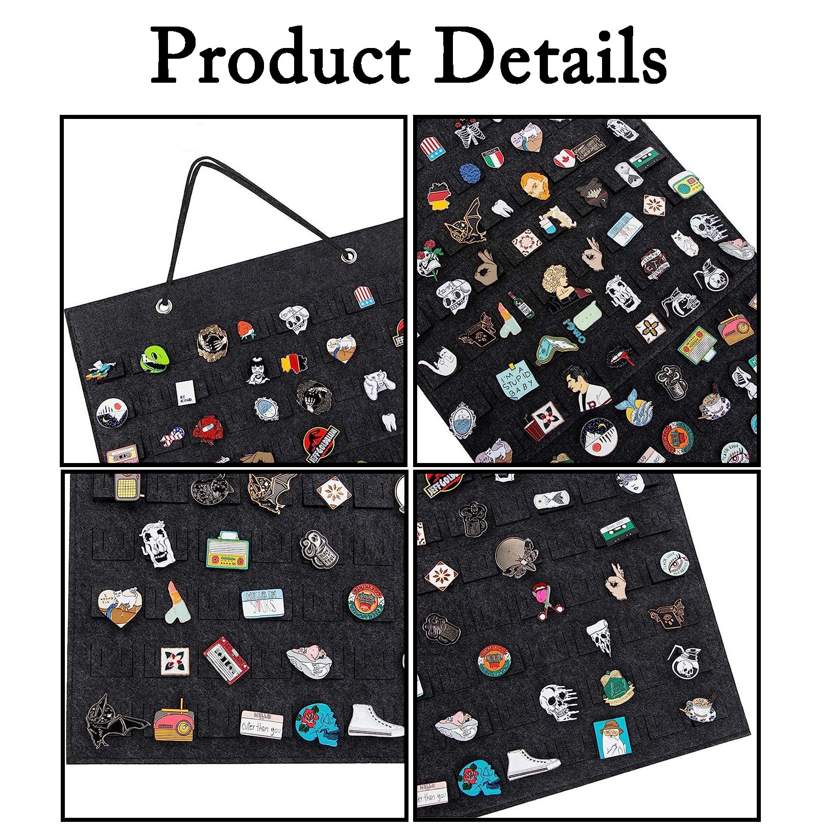 RJFUJP Pin Badge Display Canvas with Hook, 96 Slots Enamel Pin Display Board, Deep Grey Pin Badge Holder for Collecting and Showcasing Pins