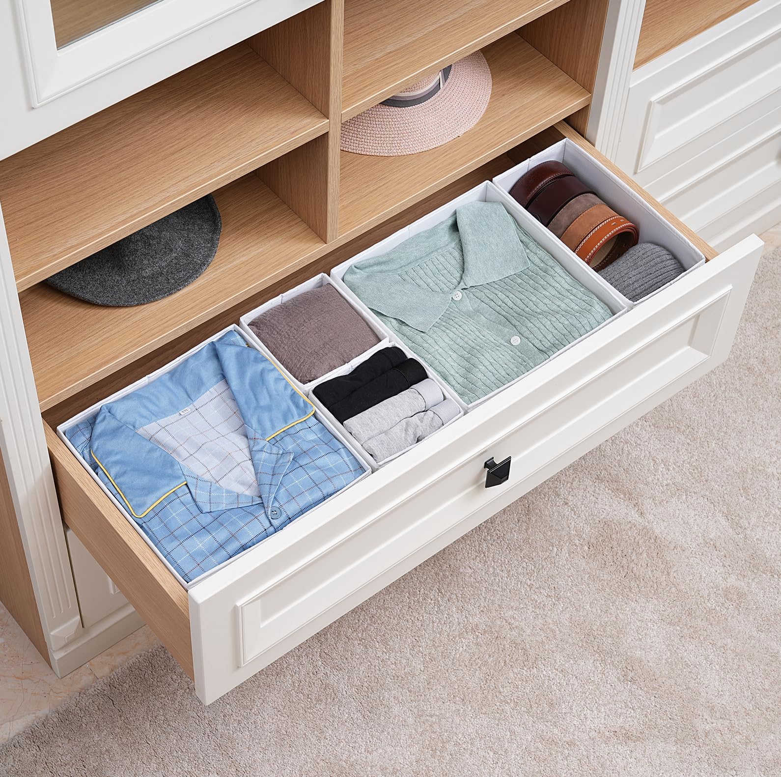 TYEERS Drawer Organisers, Durable Fabric, Washable, with Base Support Boards, Small Storage Boxes for Bathroom, Wardrobe, Chest of Drawers, Set of 6