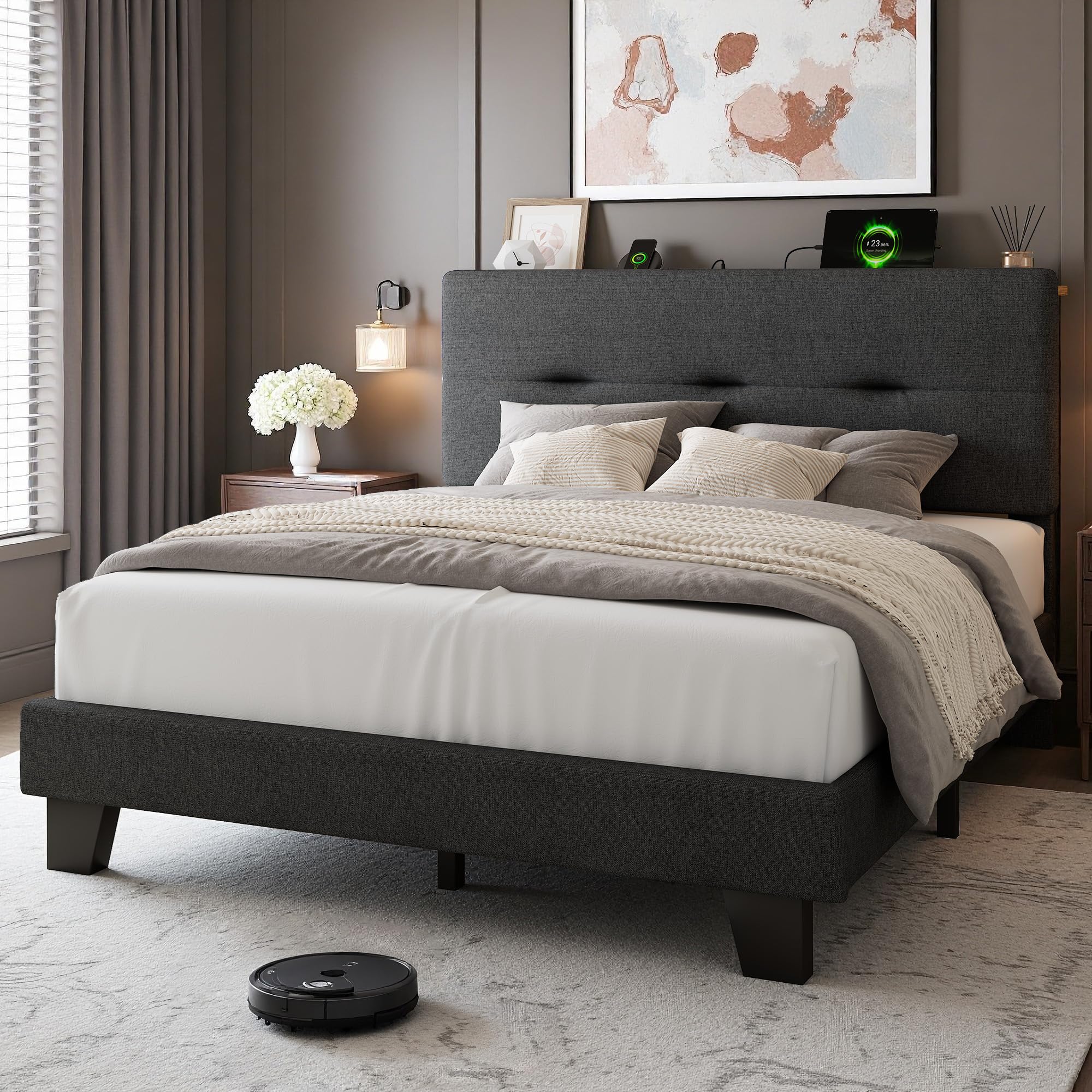 Feonase 4ft Double Bed Frame with Storage Linen Headboard, Upholstered Bedframe double bed with Charging Station, Sturdy Wooden Slat Support