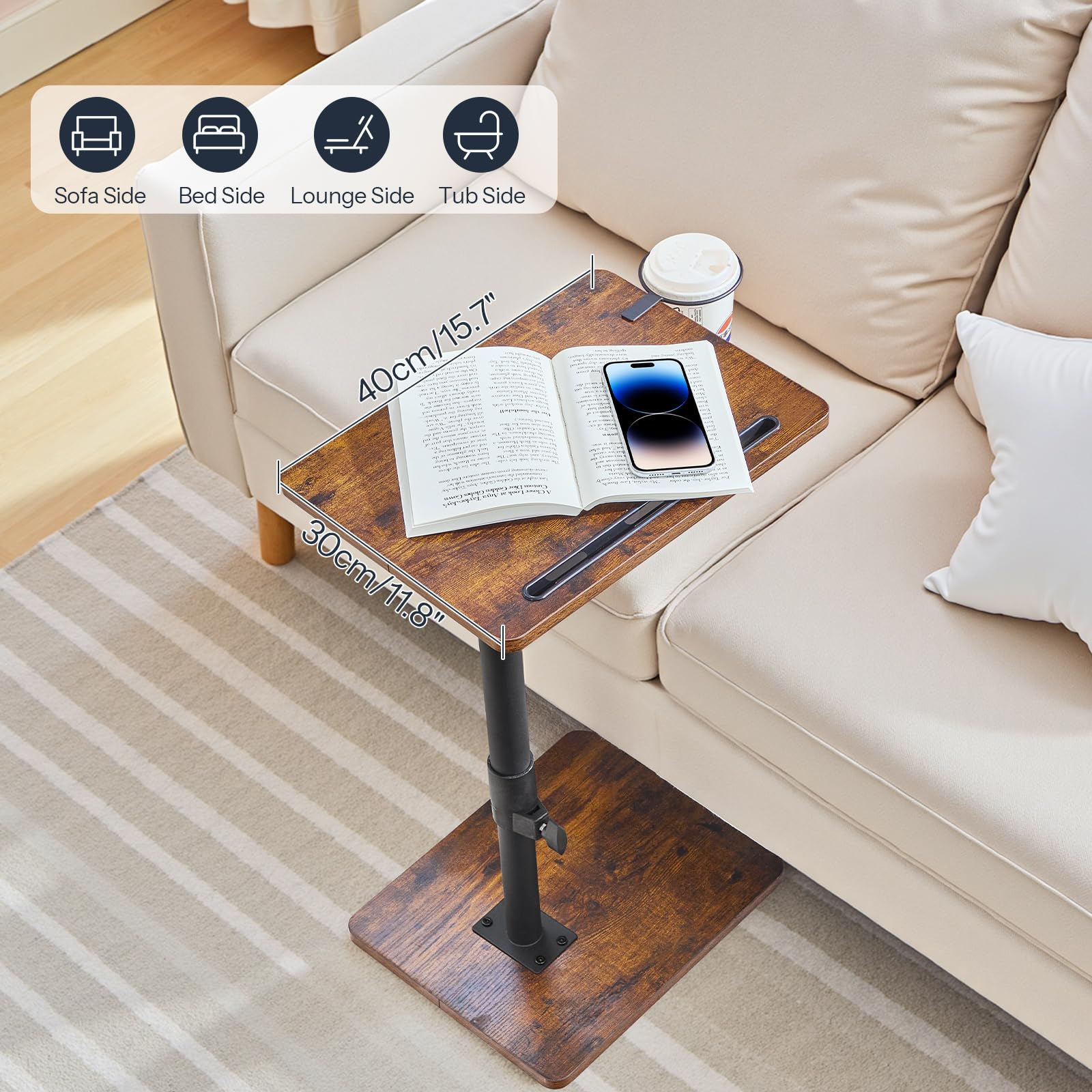 HOOBRO C Shaped Side Table, Height Adjustable Bedside Table, 360° Rotating Sofa Table Laptop Tables with Detachable Cup Holder and Tablet Slot