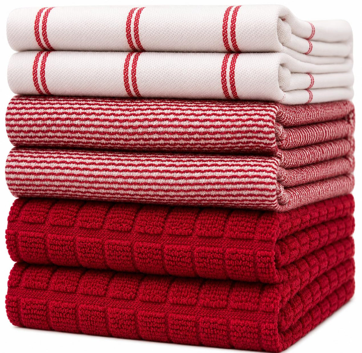 6 Pack Large Tea Towel Set | Absorbent Kitchen Hand Towels | Soft Cotton Dish Towels | Flat & Terry Towel with Hanging Loop | Vibrant Dyed - Red