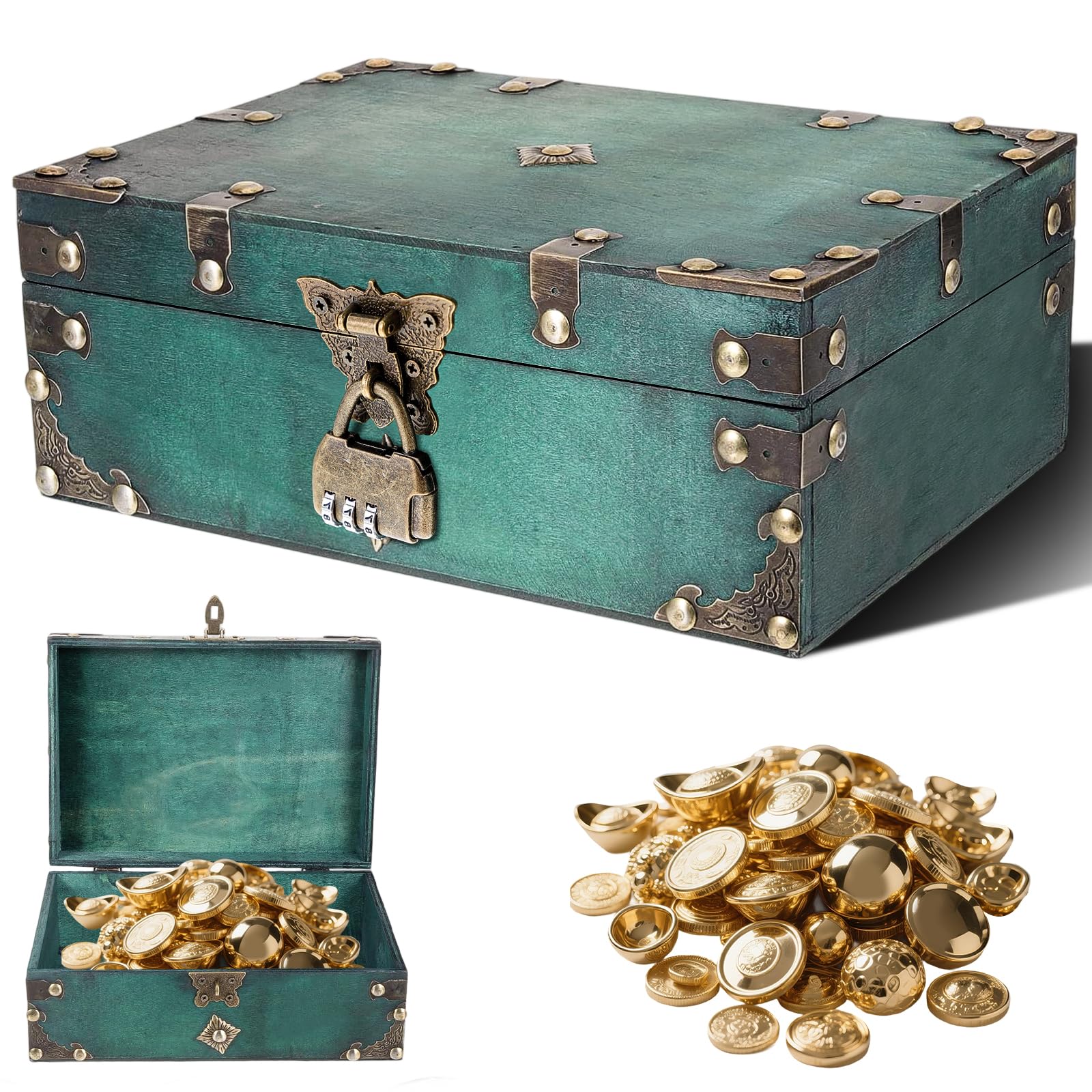 SZHUGEKI Vintage Wooden Treasure Chest Box with Lock, 24 x 17 x 9.5 cm