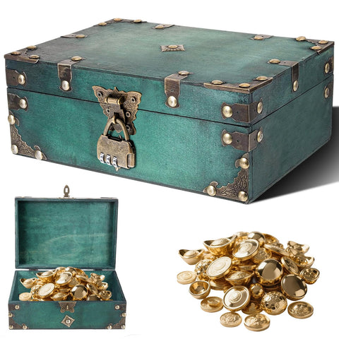 SZHUGEKI Vintage Wooden Treasure Chest Box with Lock, 24 x 17 x 9.5 cm