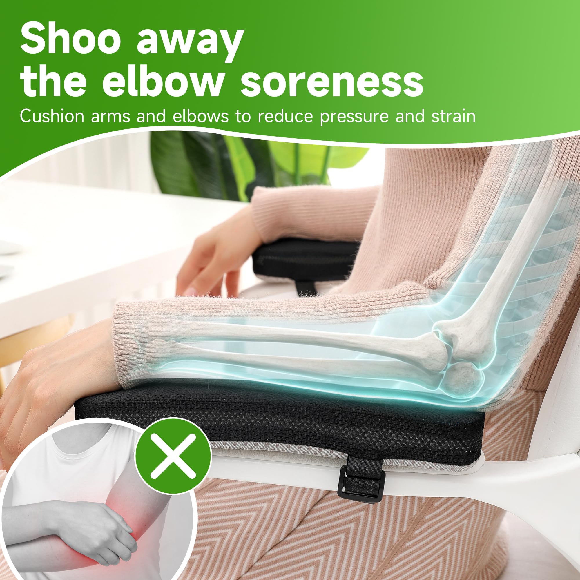 LargeLeaf Gaming Chair Armrest Memory Foam Cushions - Elbow Pillow Pressure Relief with Cooling Gel (2-Piece Set)